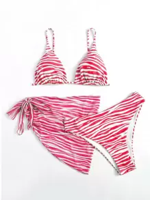 Plus Size 3packs Zebra Stripe Bikini Set With Beach Skirt Summer Beach - Red and White - View 5