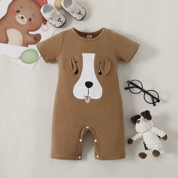 

Baby Boy Cartoon Graphic 3D Ear Design Romper, Brown