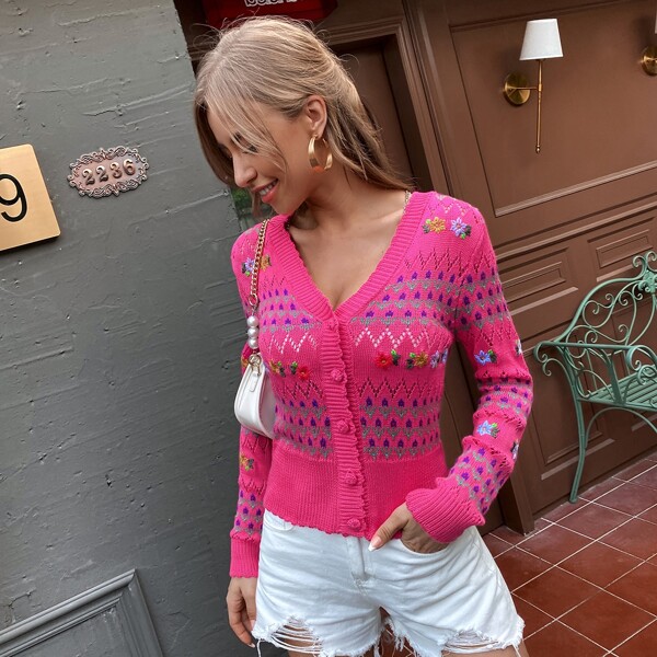 

Flower Button Through Cardigan, Hot pink