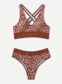 SHEIN Swim Leopard Print V Neck Bikini Bathing Suit For Summer Beach - Brown - View 1