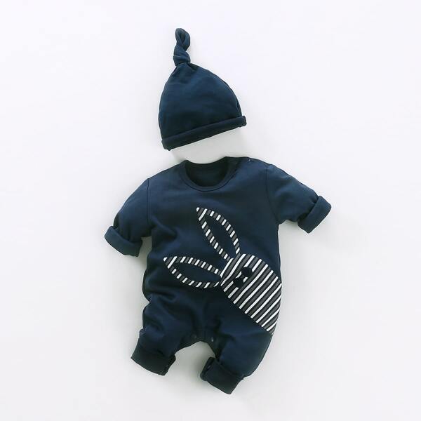 

Baby Boy Cartoon Graphic Jumpsuit With Hat, Navy blue