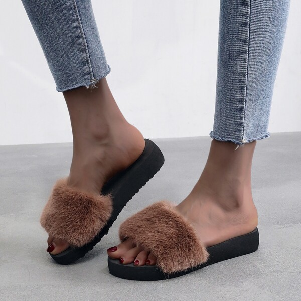 

Open Toe Fluffy Slides, Coffee brown