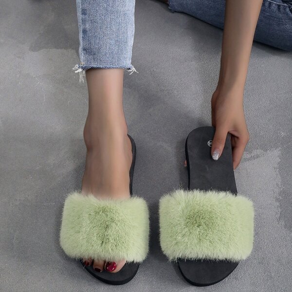 

Open Toe Fluffy Slides, Green