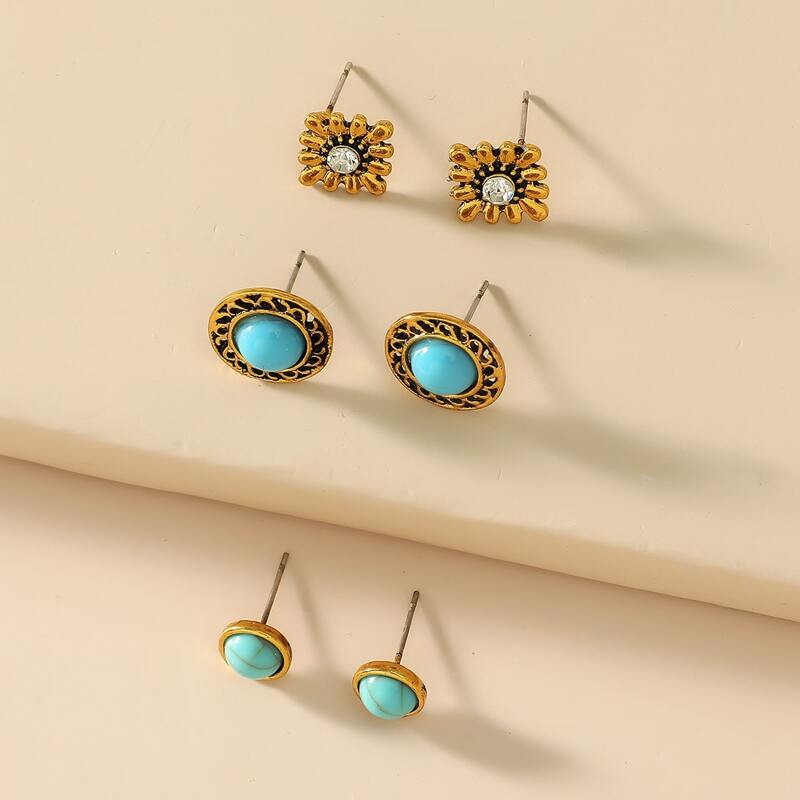 

3pairs Rhinestone Stud Earrings, Blue