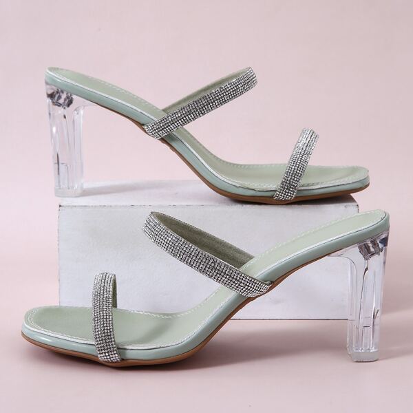 

Rhinestone Decor Clear Heeled Mule Sandals, Green