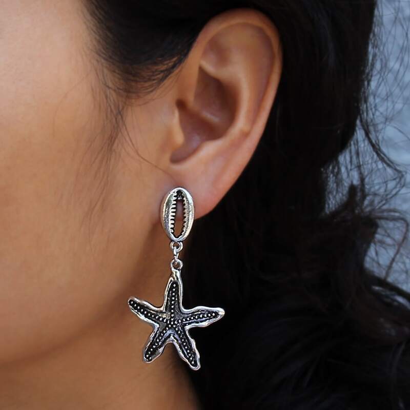 

Starfish Drop Earrings, Antique silver