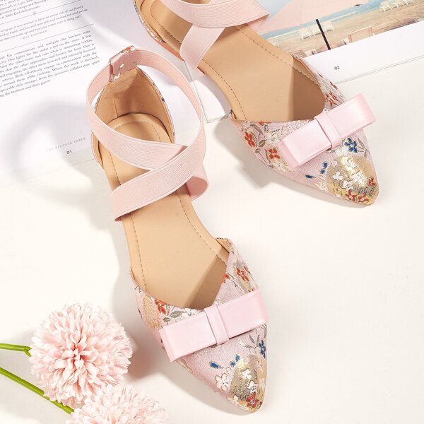 

Bow Decor Floral Embroidery Flats, Baby pink