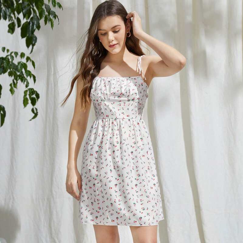 

Ditsy Floral Shirred Tie Shoulder Dress, White