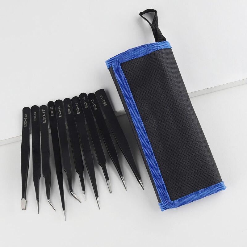 

10pcs Stainless Steel Tweezers With Case, Black