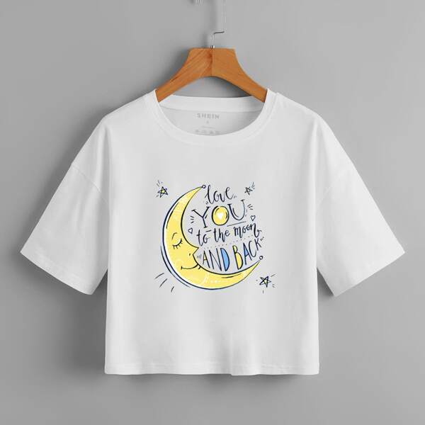 

Slogan And Moon Print Drop Shoulder Crop Tee, White
