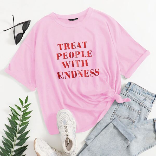 

Slogan Graphic Drop Shoulder Tee, Baby pink