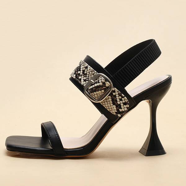 

Buckle Decor Snakeskin Pyramid Heeled Mules, Black