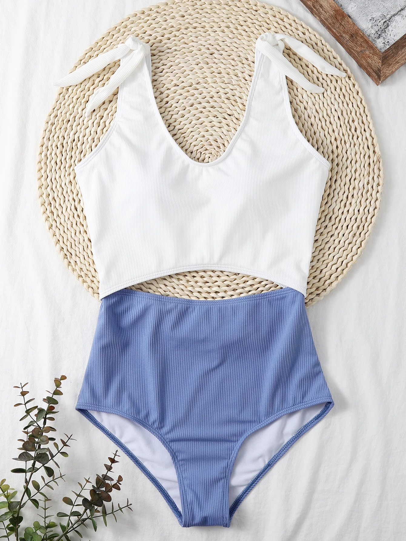 Two Tone Rib Cut Out One Piece Swimsuit Shein Usa