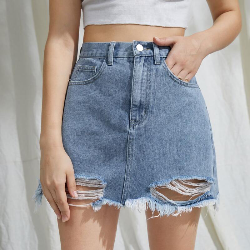 

Distressed Denim Skirt, Medium wash