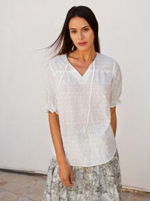 SHEIN 繫帶領荷葉邊袖網眼刺繡上衣