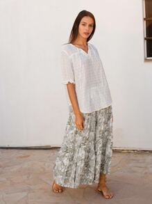 SHEIN 繫帶領荷葉邊袖網眼刺繡上衣