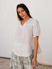 SHEIN 繫帶領荷葉邊袖網眼刺繡上衣