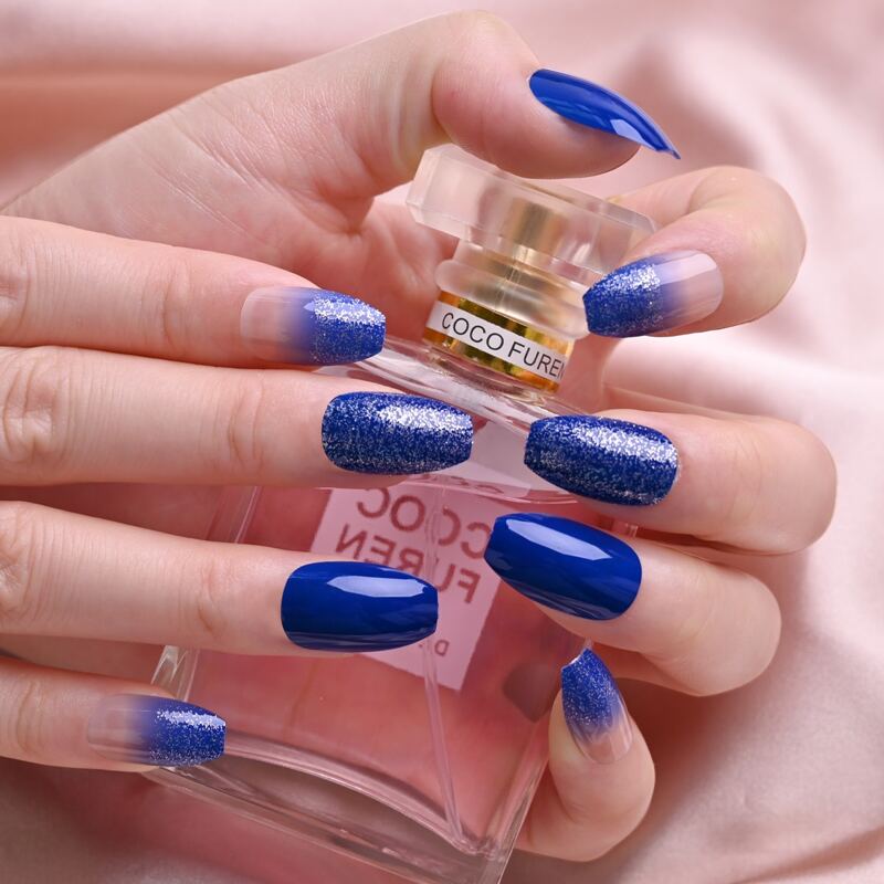 

24pcs Glitter Fake Nail & 1sheet Tape & 1pc Nail File, Royal blue