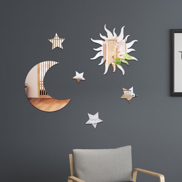

6pcs Sun & Moon Mirror Surface Wall Sticker, Silver