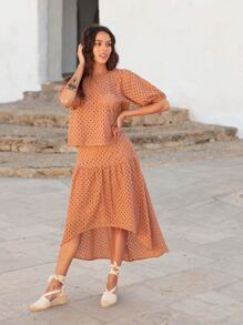 SHEIN Unity 素色不對稱下擺網眼刺繡半身裙 - 珊瑚橙 - 查看 3