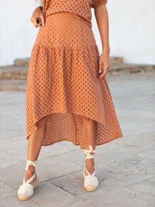 SHEIN Unity 素色不對稱下擺網眼刺繡半身裙 - 珊瑚橙 - 查看 4