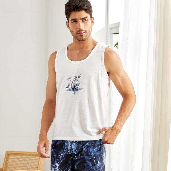 

Men Sailboat Print Sleep Tank Top, White