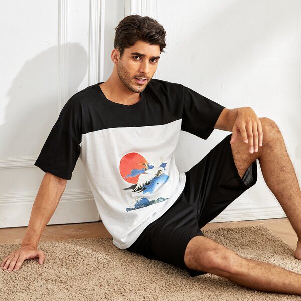 

Men Color-block Crane Print PJ Set, Black and white