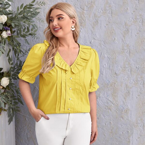 

Plus Pearls Button Front Pleated Detail Flounce Sleeve Blouse, Yellow