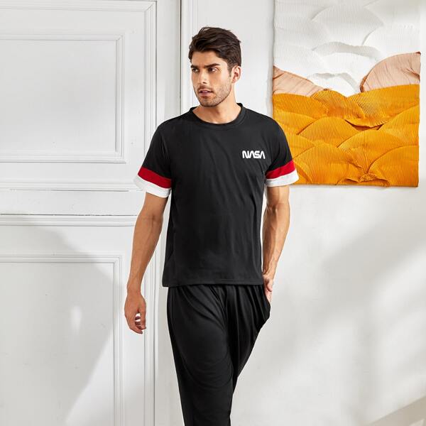 

Men Letter And Striped Print PJ Set, Black