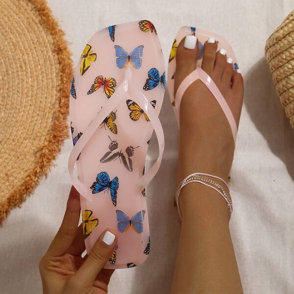 

Butterfly Graphic Flip Flops, Baby pink