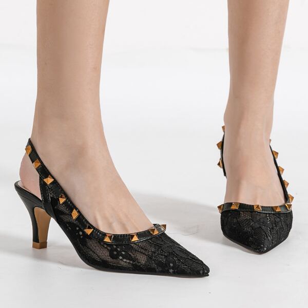

Studded Decor Lace Slingback Pumps, Black