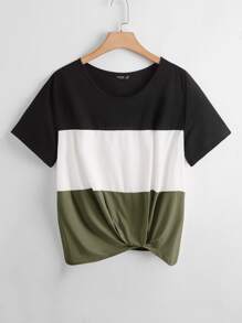 SHEIN LUNE Plus Twist Hem Colourblock Top - Multicolor - View 1