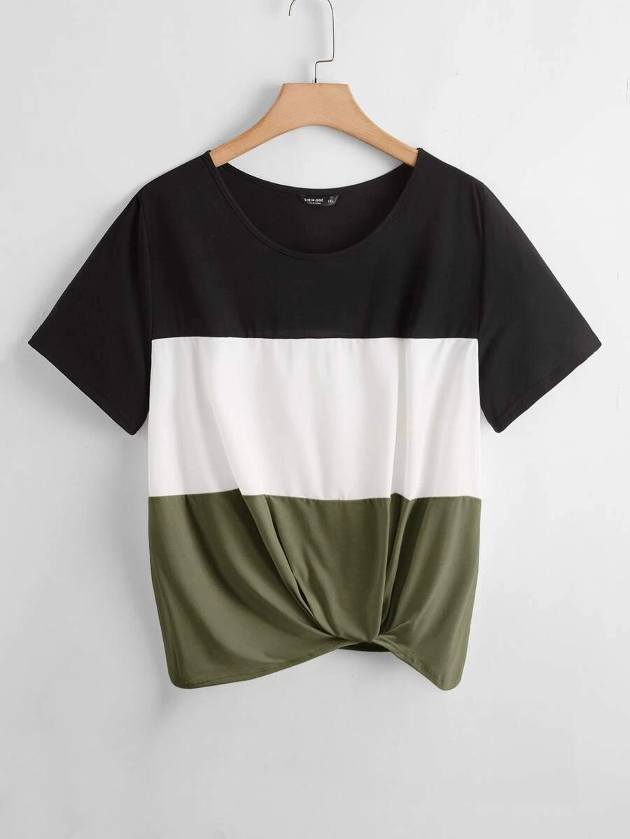 SHEIN LUNE Plus Twist Hem Colourblock Top - Multicolor - View 1