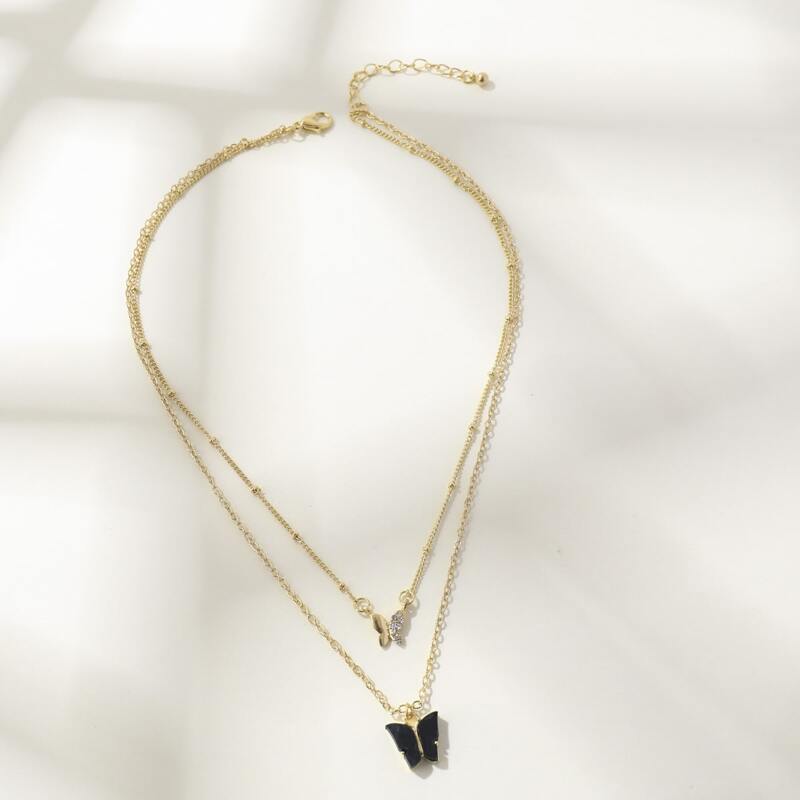 

Rhinestone Butterfly Layered Necklace, Black