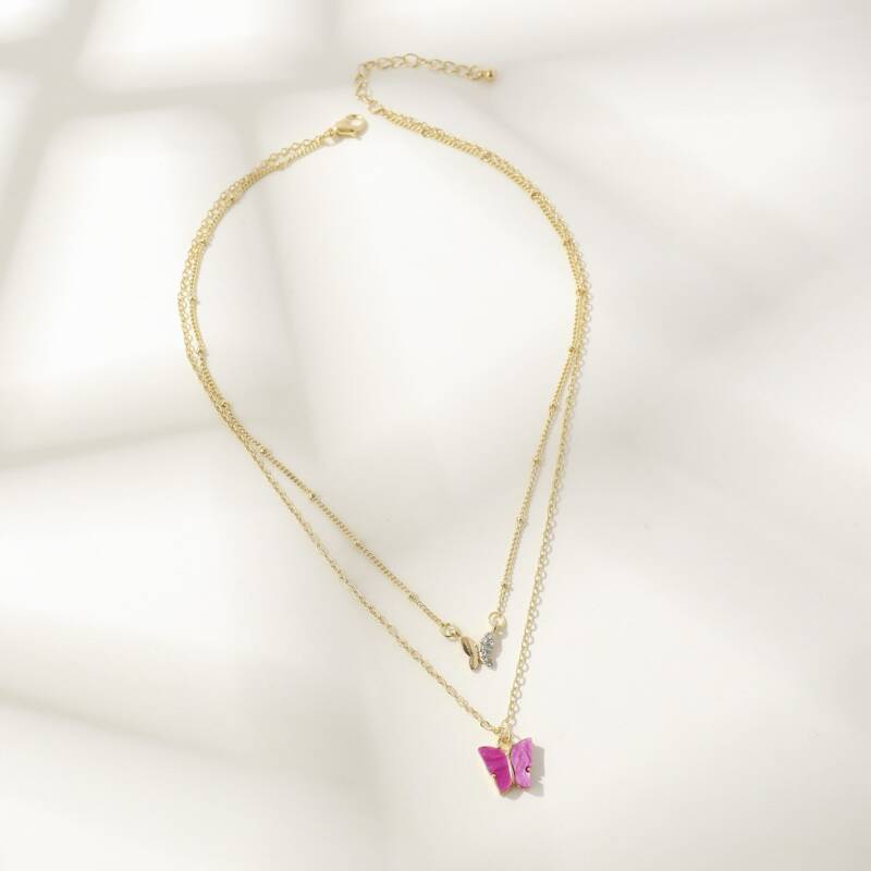 

Rhinestone Butterfly Layered Necklace, Hot pink