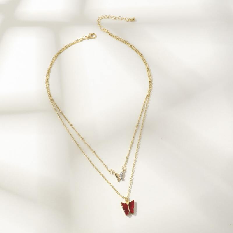 

Rhinestone Butterfly Layered Necklace, Red