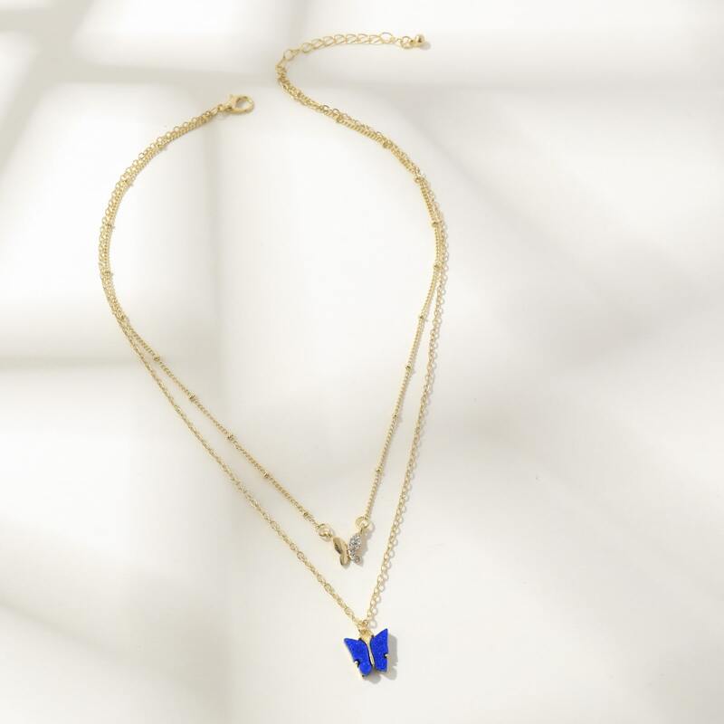 

Rhinestone Butterfly Layered Necklace, Blue