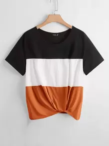 SHEIN LUNE 大碼扭結下擺拼色上衣 - 彩色 - 查看 1