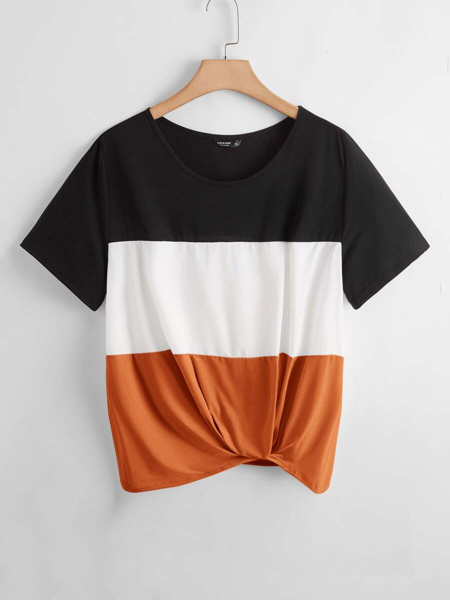 SHEIN LUNE 大碼扭結下擺拼色上衣 - 彩色 - 查看 1