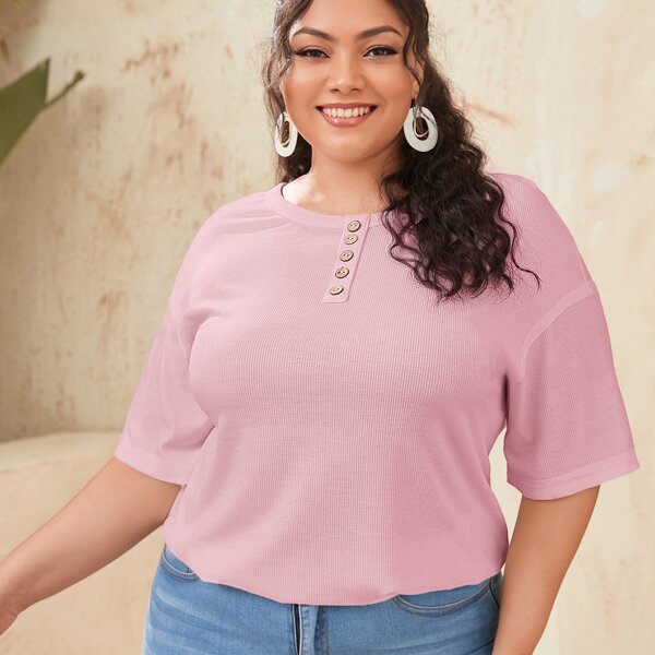 

Plus Button Front Drop Shoulder Tee, Baby pink