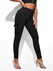 SHEIN Essnce Flap Pocket Skinny Jeans - Black - View 1