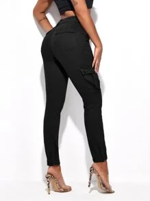 SHEIN Essnce Flap Pocket Skinny Jeans - Black - View 2