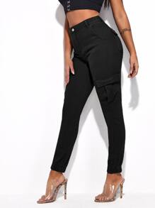 SHEIN Essnce Flap Pocket Skinny Jeans - Black - View 3