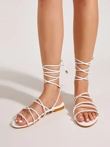 Strappy Tie Leg Flat Sandals - White - View 4