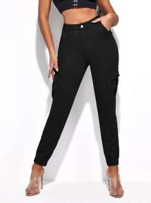 SHEIN Essnce Flap Pocket Skinny Jeans - Black - View 4
