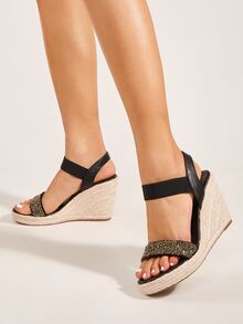 Rhinestone Decor Wedge Sandals - Black - View 2