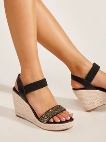 Rhinestone Decor Wedge Sandals - Black - View 4
