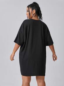 Flirla Plus Drop Shoulder Chinese Letter & Dragon Print Tee - Black - View 2