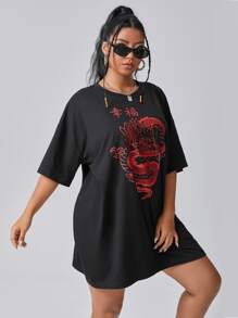 Flirla Plus Drop Shoulder Chinese Letter & Dragon Print Tee - Black - View 3
