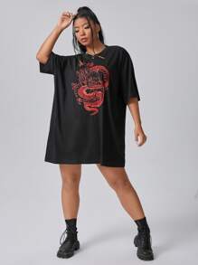 Flirla Plus Drop Shoulder Chinese Letter & Dragon Print Tee - Black - View 4